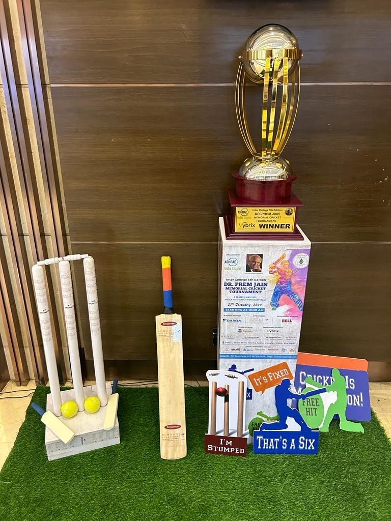 Cricket trophy with stumps, bat and themed display